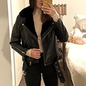 EUC Topshop Faux Leather Fur Trim Moto Jacket US 4